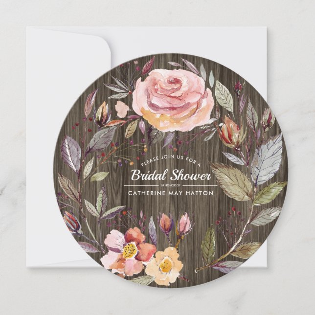 Barn Wood Fall Flower Wreath Bridal Shower Invitation (Front)