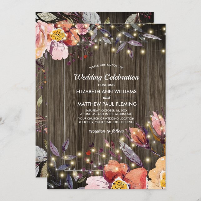 Barn Wood | Fall Flowers | Light Strings Wedding Invitation (Front/Back)