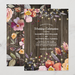 Barn Wood Fall Flowers Light Strings Wedding Invitation