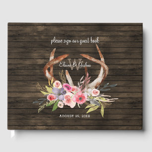 barn wood floral antler rustic wedding Guest Book