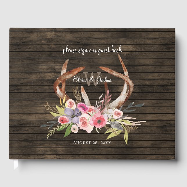 barn wood floral antler rustic wedding Guest Book (Front)