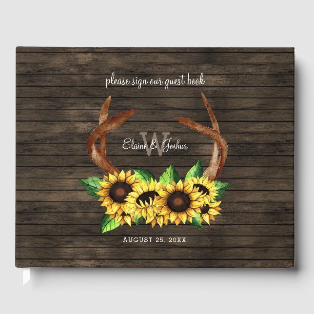 barn wood floral sunflowers antler rustic wedding guest book (Front)