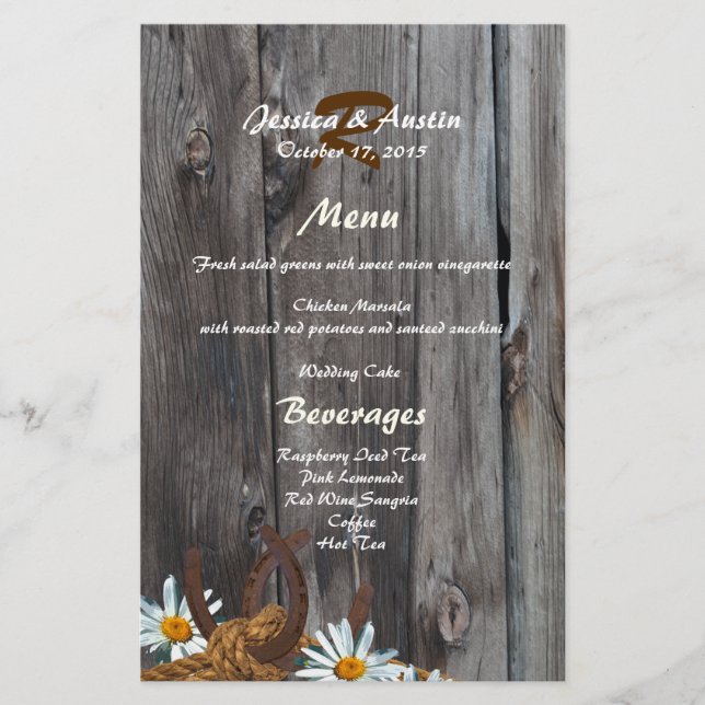 Barn Wood, Horseshoes and Daisies Menu (Front)