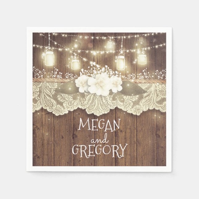 Barn Wood Lace Lights Mason Jar Rustic Wedding Napkin (Front)