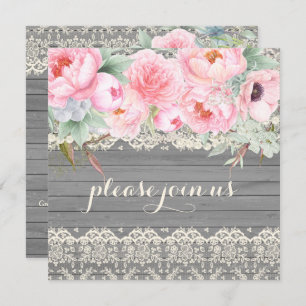 Barn Wood Lace Peonies Anemones Watercolor Invitation