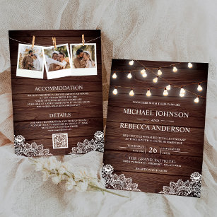 Barn Wood Lace String Lights Photo QR Code Wedding Invitation