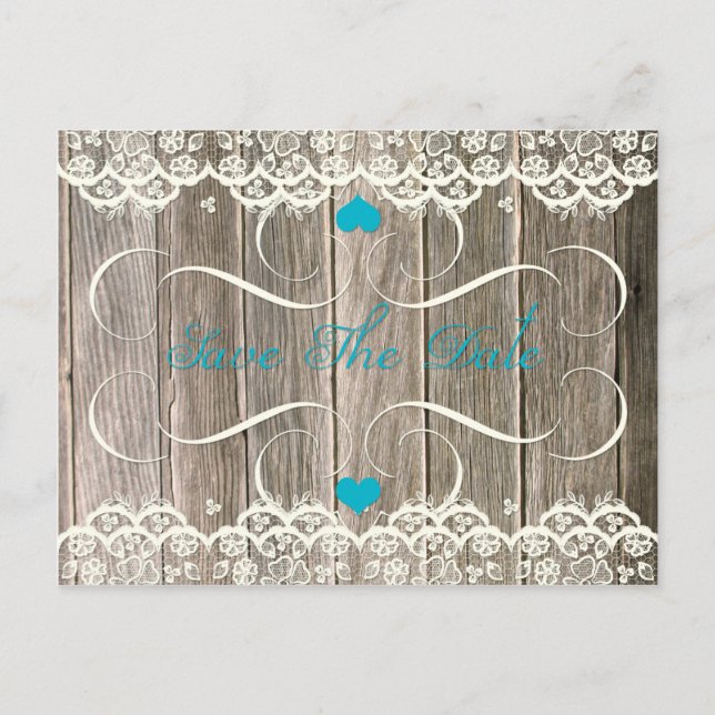 Barn Wood Lace Teal Hearts Swirls Save The Date Announcement Postcard (Front)
