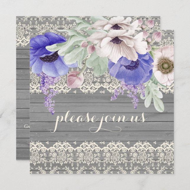 Barn Wood Lace Watercolor Blue White Anemones Invitation (Front/Back)