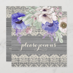 Barn Wood Lace Watercolor Blue White Anemones Invitation