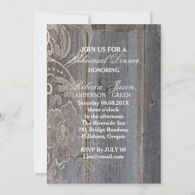 barn wood lace western country rehearsal dinner invitation (Front)
