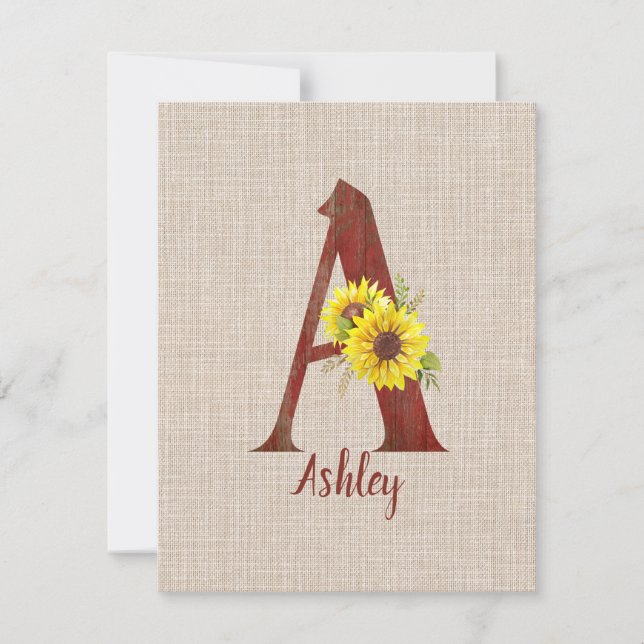 Barn Wood Letter A & Sunflowers Personalised  Card (Front)