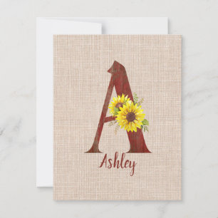 Barn Wood Letter A & Sunflowers Personalised Card