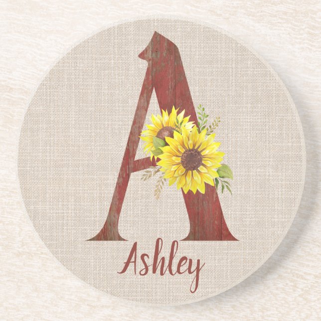 Barn Wood Letter A & Sunflowers Personalised  Coaster (Front)