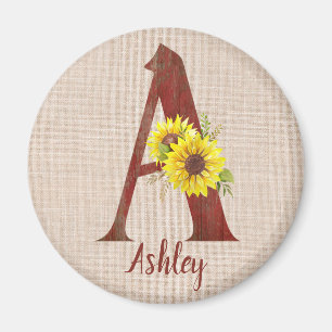 Barn Wood Letter A & Sunflowers Personalised   Magnet
