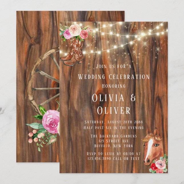 Barn Wood Lights Boots Horse Wagon Wheel Wedding Invitation (Front/Back)