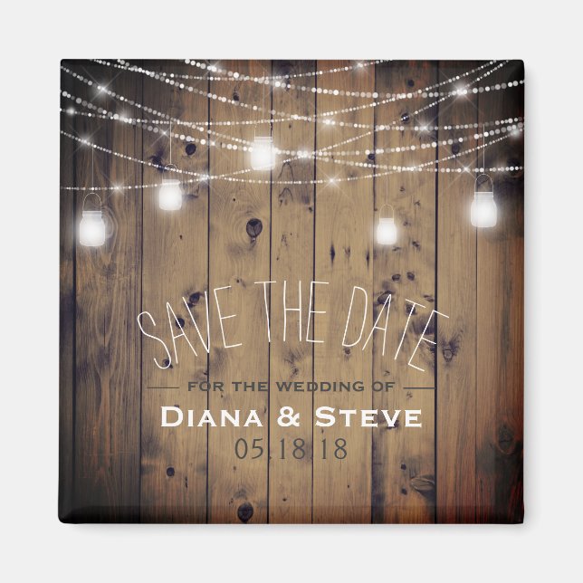 Barn Wood Lights Mason Jar Wedding Save the Date Magnet (Front)