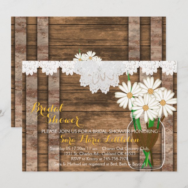Barn Wood Mason Jar - White Daisies Bridal Shower Invitation (Front/Back)