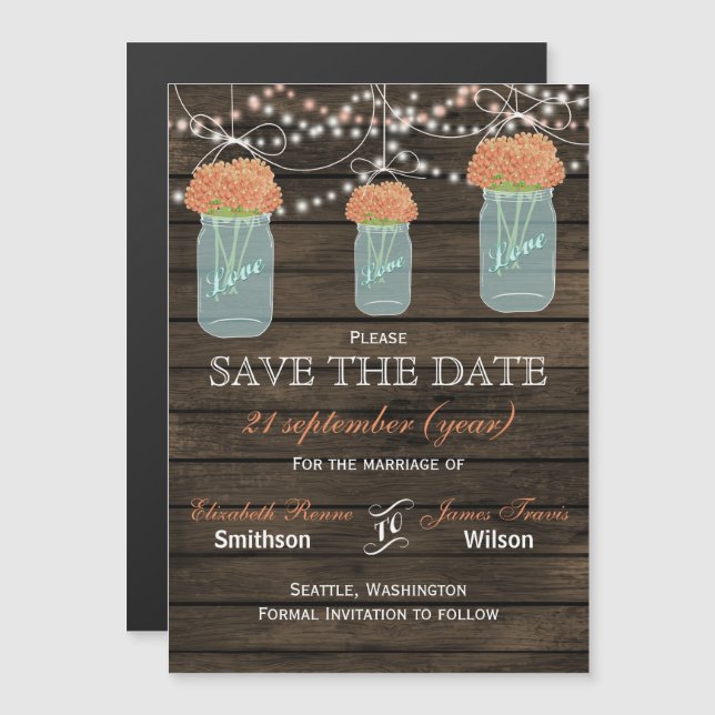 Barn wood mason jars coral flowers save the date magnetic invitation (Front/Back)