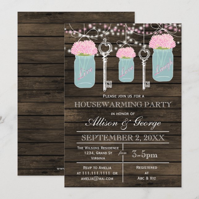 Barn wood mason jars keys rustic housewarming invitation (Front/Back)