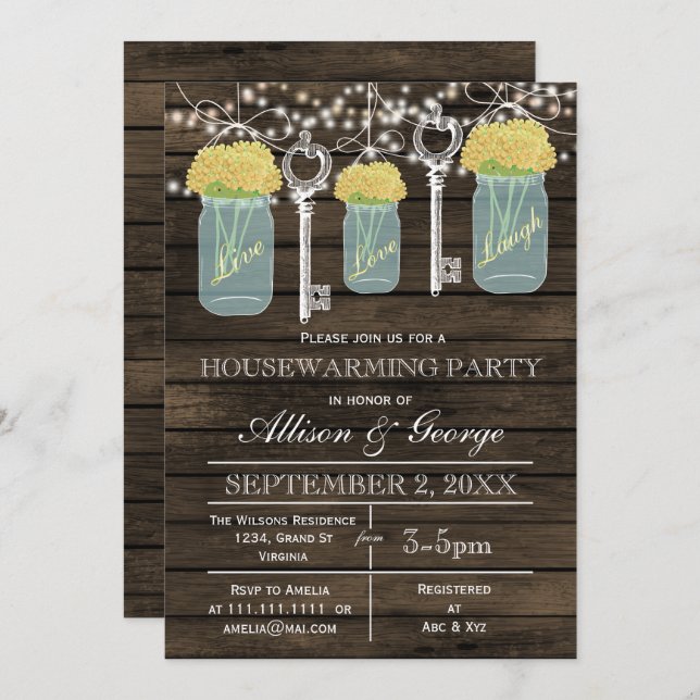Barn wood mason jars keys rustic housewarming invitation (Front/Back)