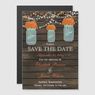 Barn wood mason jars orange flowers save the date magnetic invitation