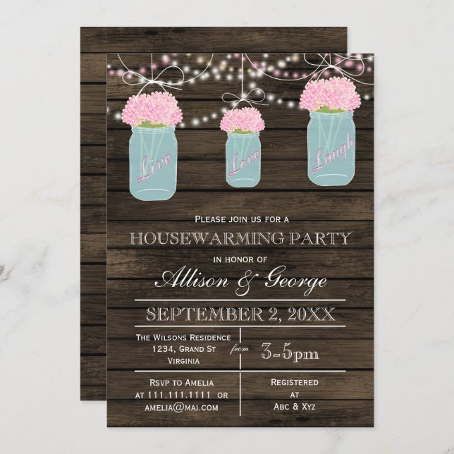 Barn wood mason jars rustic housewarming invitation (Front/Back)