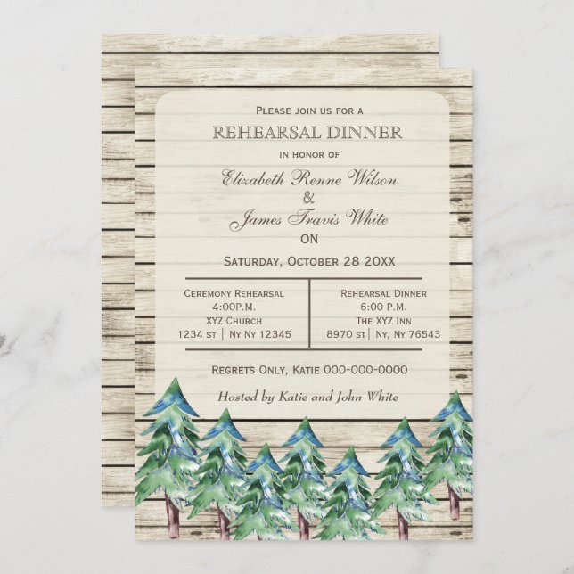Barn wood pine trees winter rehearsal dinner invitation (Front/Back)