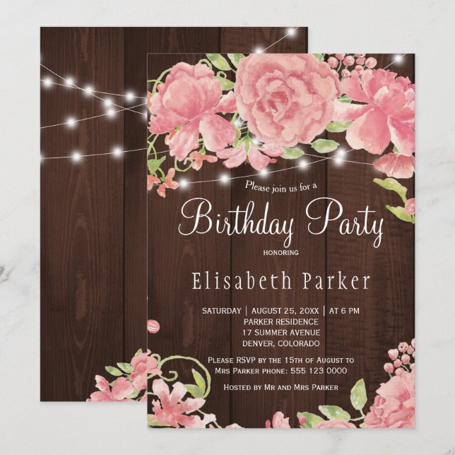 Barn wood pink blush rose peonies birthday party invitation (Front/Back)
