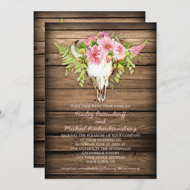 Barn Wood Pink Flowers Cow Skull Horns Wedding Invitation (Front/Back)