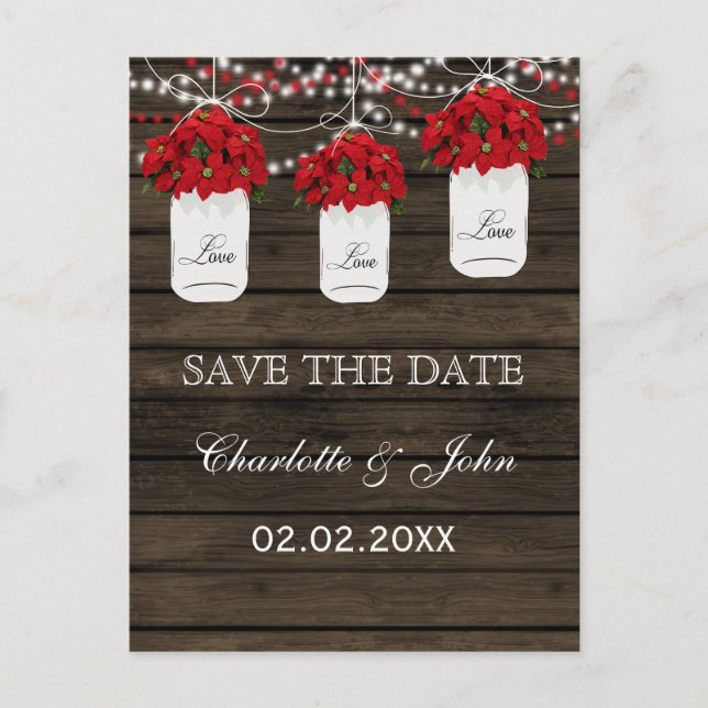 Barn wood poinsettia mason jar save the date announcement postcard (Front)