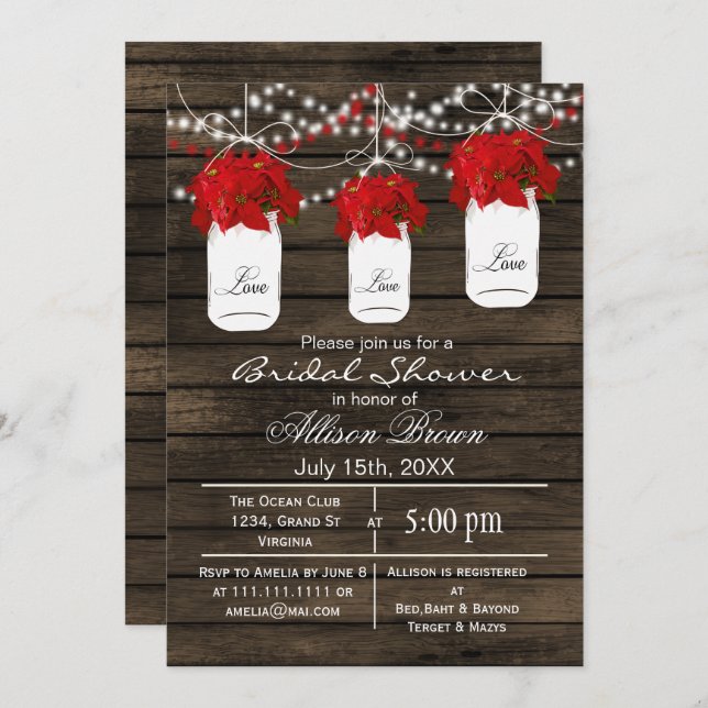 Barn wood poinsettias mason jar bridal shower invitation (Front/Back)
