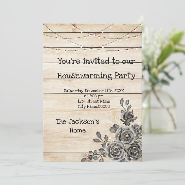 Barn Wood Rustic Black Roses Housewarming Party Invitation (Standing Front)
