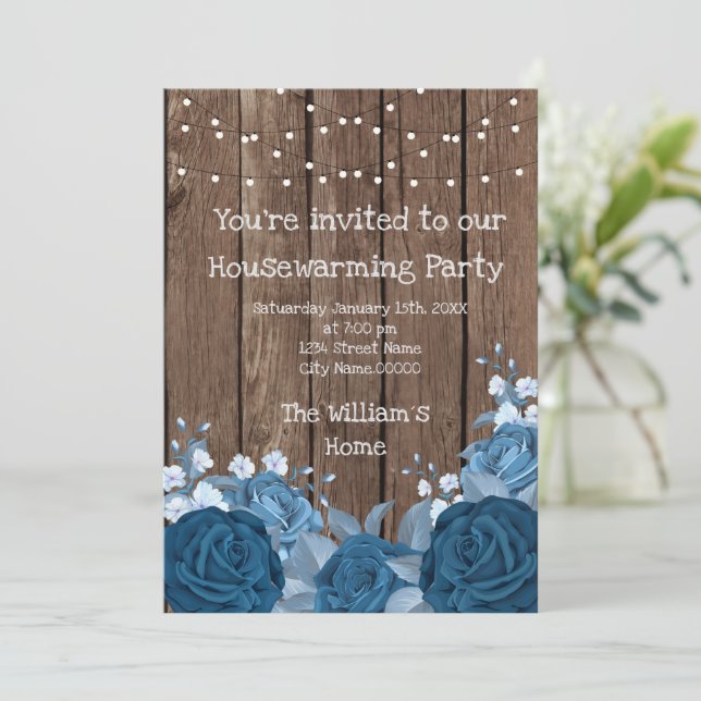 Barn Wood Rustic Blue Bouquet Housewarming Party Invitation (Standing Front)