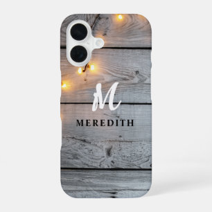 Barn Wood Rustic Elegance String Lights Monogram iPhone 16 Case