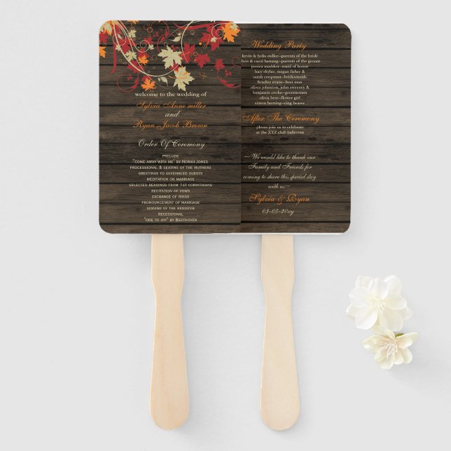 Barn Wood Rustic Fall Leaves Wedding Programs Hand Fan (Front and Back)
