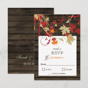 Barn Wood Rustic Fall Leaves Wedding RSVP Card