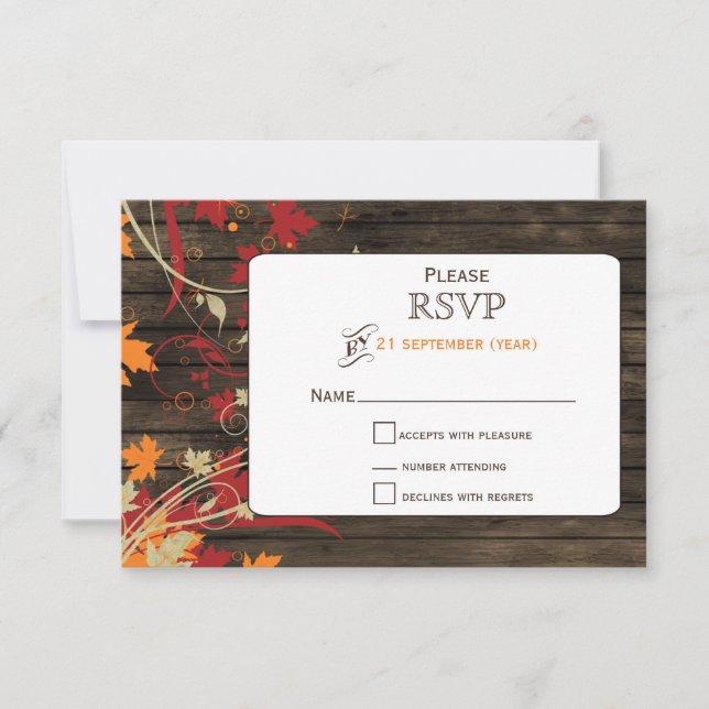 Barn Wood Rustic Fall Leaves Wedding rsvp Card (Front)