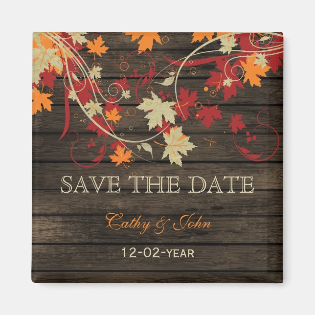 Barn Wood Rustic Fall Leaves Wedding save the date Magnet (Front)