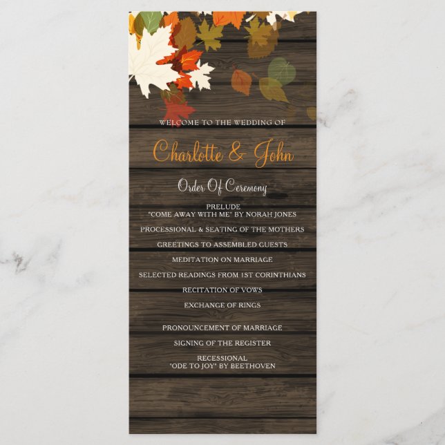 Barn Wood Rustic Fall Wedding programs (Front)