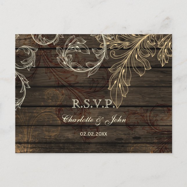 Barn wood rustic flourish wedding rsvp invitation postcard (Front)