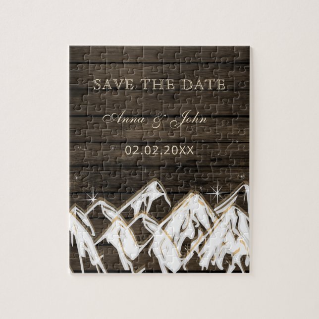 Barn wood Rustic Mountains Save the  Date Jigsaw Puzzle (Vertical)
