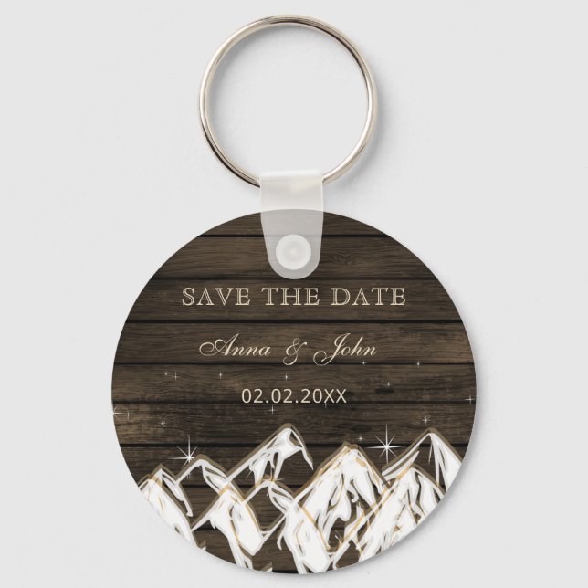 Barn wood Rustic Mountains Save the  Date Key Ring (Front)