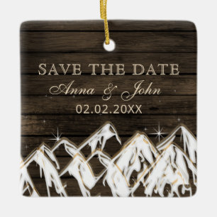 Barn wood Rustic Mountains Save the Date Photo Ceramic Ornament
