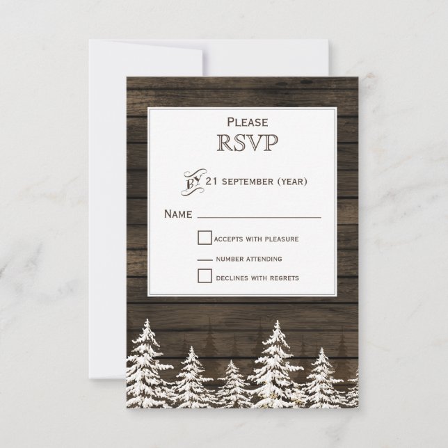 Barn wood Rustic Pine trees, winter standard rsvp Card (Front)