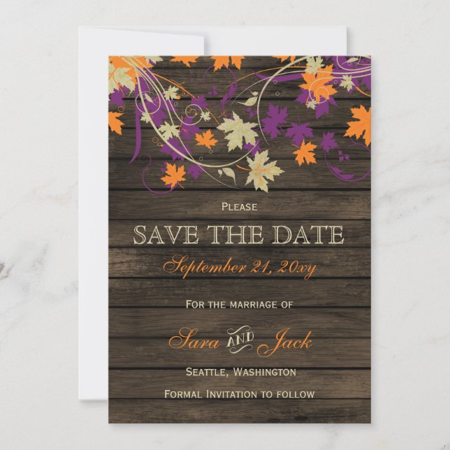 Barn wood Rustic plum fall leaves save the date (Front)
