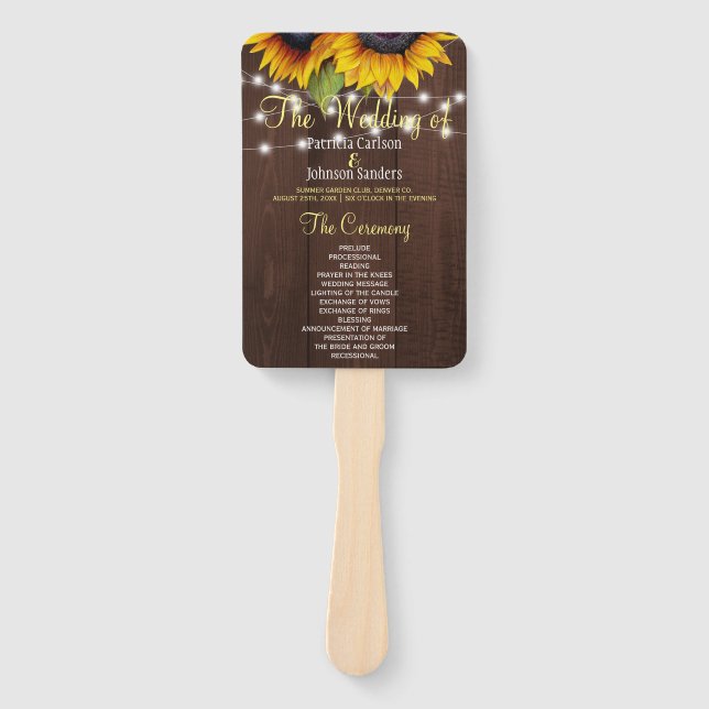 Barn wood rustic sunflowers chic wedding program hand fan (Front)
