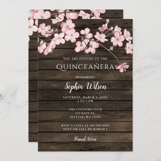 Barn Wood Sakura Pink Cherry Blossoms Quinceañera  Invitation (Front/Back)