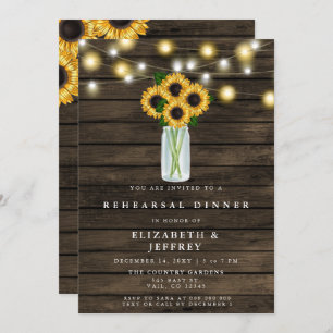 Barn Wood String Light Sunflowers Rehearsal Dinner Invitation