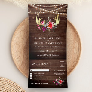 Barn Wood String Lights Floral Gold Antler Wedding Tri-Fold Invitation