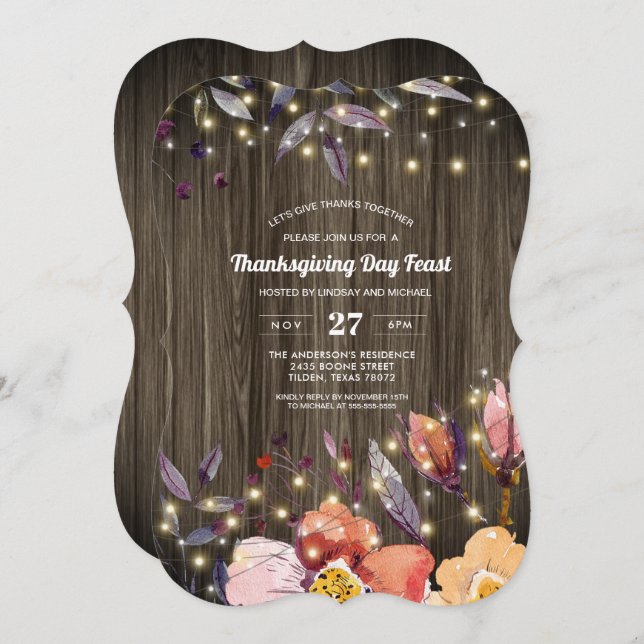Barn Wood String Lights Floral Thanksgiving Feast Invitation (Front/Back)